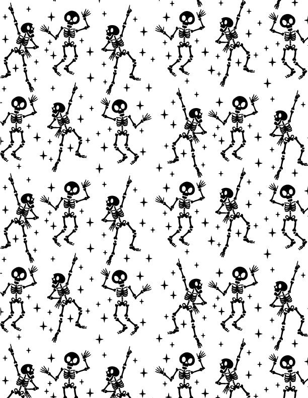 Dancing skeleton pattern silk screen stencil featuring repeating Halloween skeleton artwork for fused glass and ceramic projects