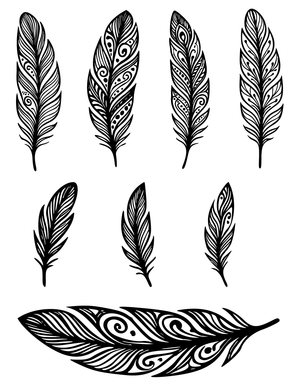 Boho feather silk screen stencil set featuring decorative feather artwork for fused glass and ceramic projects