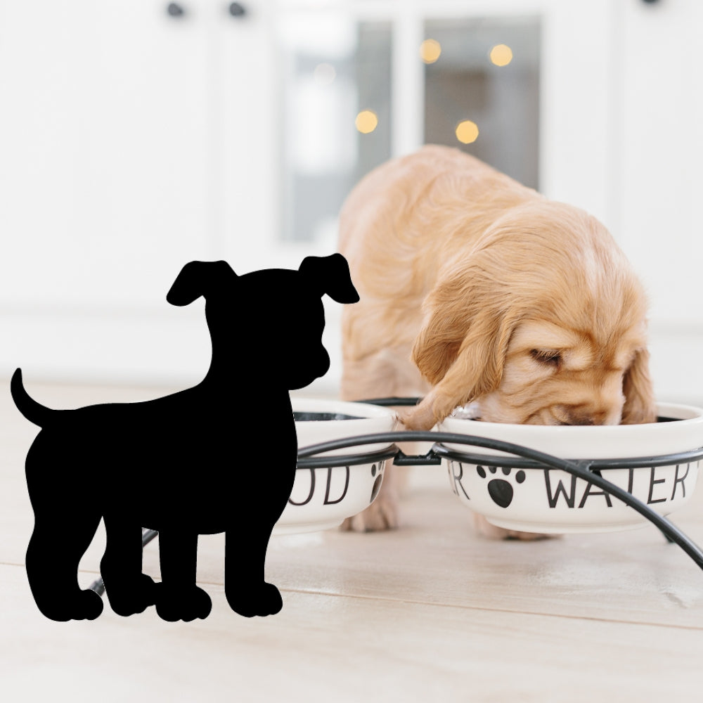 Precut glass shape of a cute puppy with food dish.