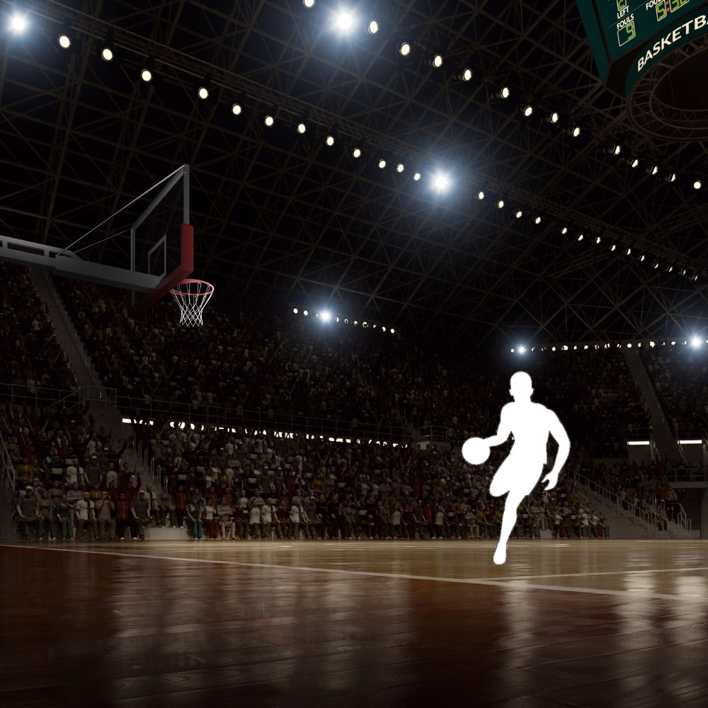 Precut glass shape of basketball player #2 on a basketball court.
