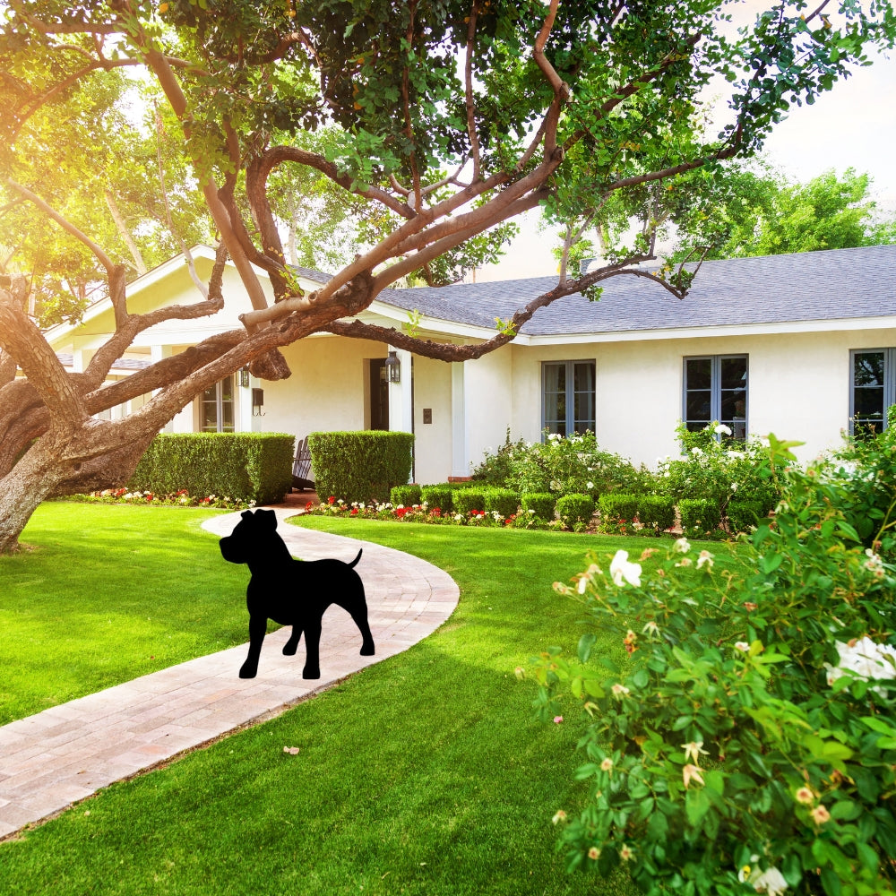Precut glass shape of Pitbull #1 protecting their yard.