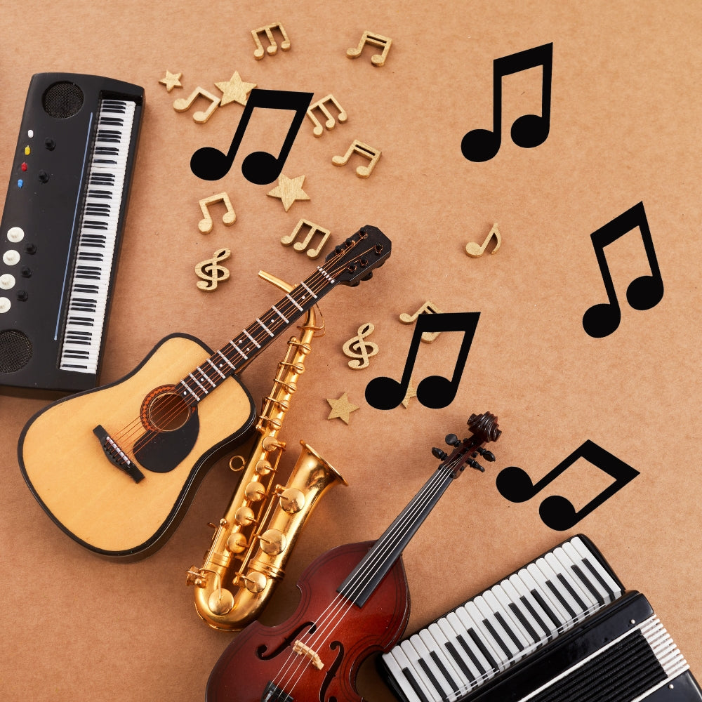 Precut glass shape of a quarter note with instruments.