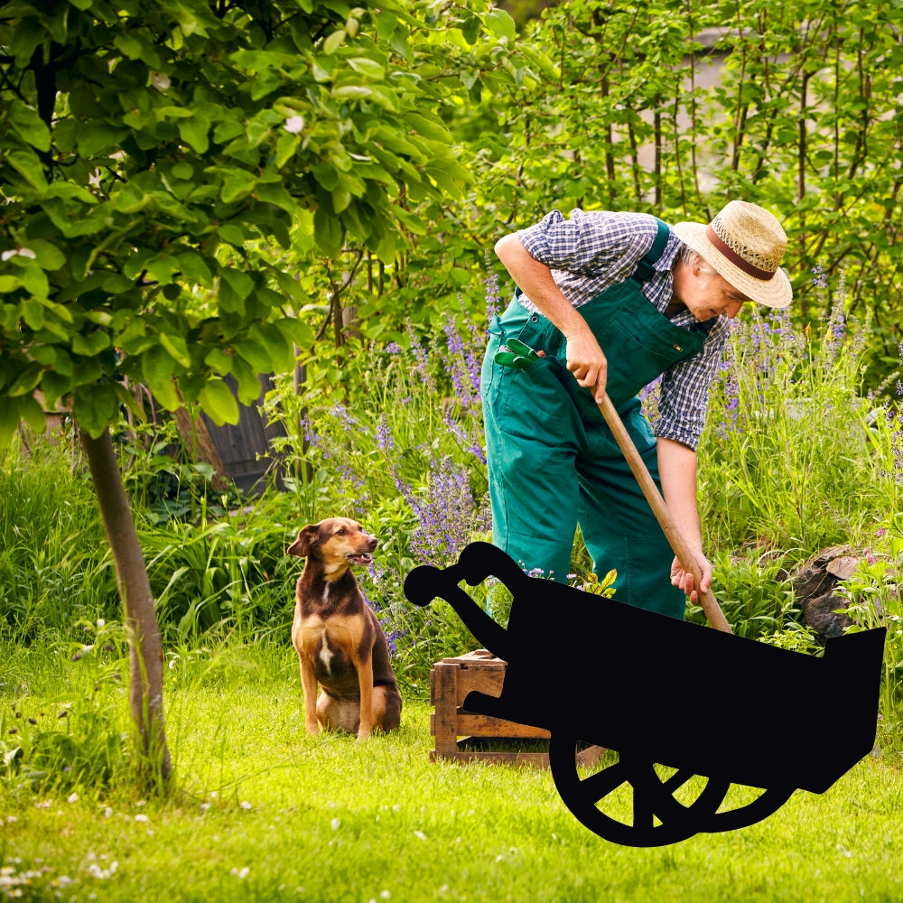 Precut glass shape of a wheelbarrow with a gardener.