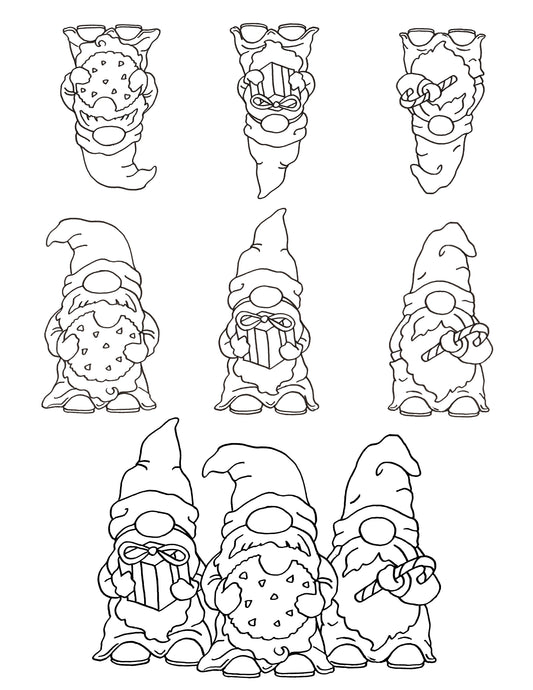 Christmas Gnomes screen print by Mark Hufford β 9 hand-drawn gnomes with cookies, candy canes, and gifts for holiday fused glass and enamel projects (8.5x11)