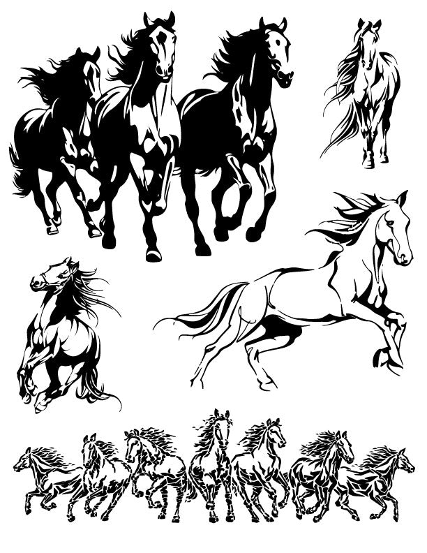 Reusable horse stencil featuring 5 bold running horse designs for screen printing, stencil art, DIY crafts, and print making designs on fused glass, ceramics, or mixed media.