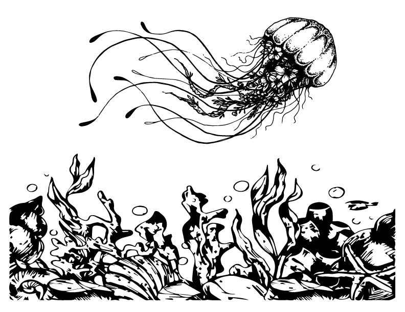 Jellyfish and coral reef silk screen stencil set featuring underwater ocean artwork for fused glass and ceramic projects