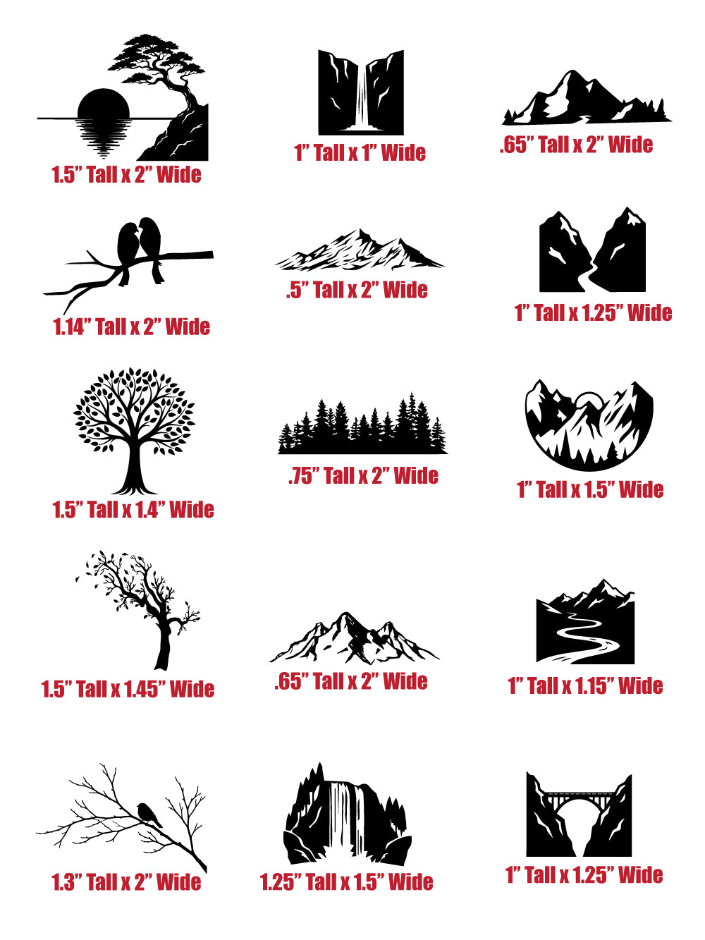 Jewelry nature landscape silk screen stencil with size measurements showing small scenic designs ranging from approximately 0.5 to 2 inches wide