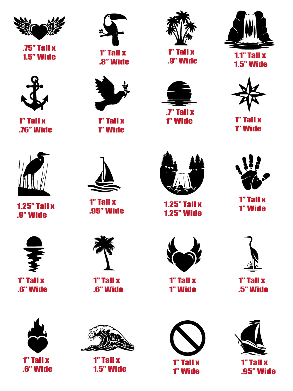 Jewelry icon silk screen stencil with size measurements showing mini symbol designs ranging from approximately 0.6 to 1.5 inches