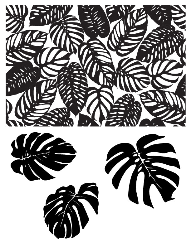 Monstera leaf silk screen design showing a full background pattern and four individual tropical leaves for fused glass printing.
