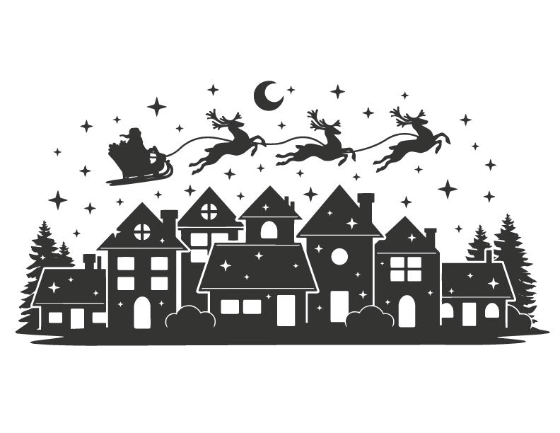 Santa’s sleigh and reindeer flying over a Christmas village silk screen stencil for fused glass and ceramic holiday artwork