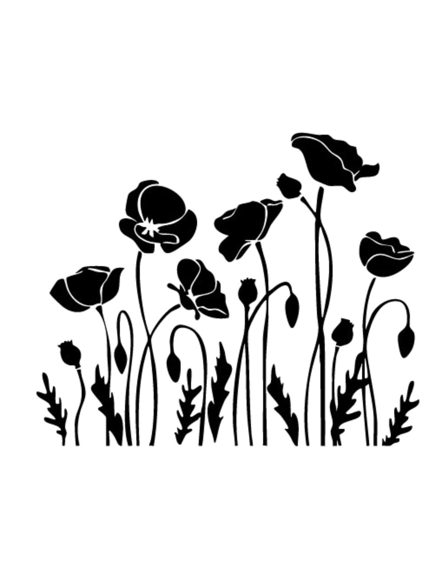 Reusable silk screen stencil featuring blooming poppies and foliage for screen printing, stencil art, DIY crafts, and print making designs on fused glass, ceramics, or mixed media surfaces.