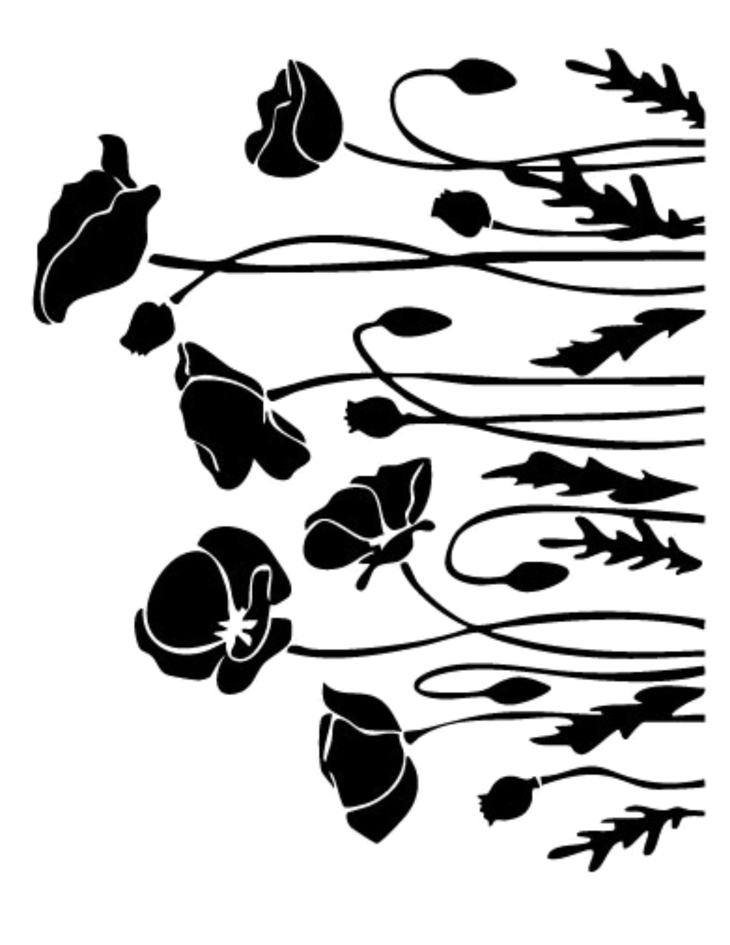 Elegant poppy-themed reusable stencil for print making designs, DIY crafts, stencil art, and screen printing on fused glass, ceramic tiles, and mixed media.