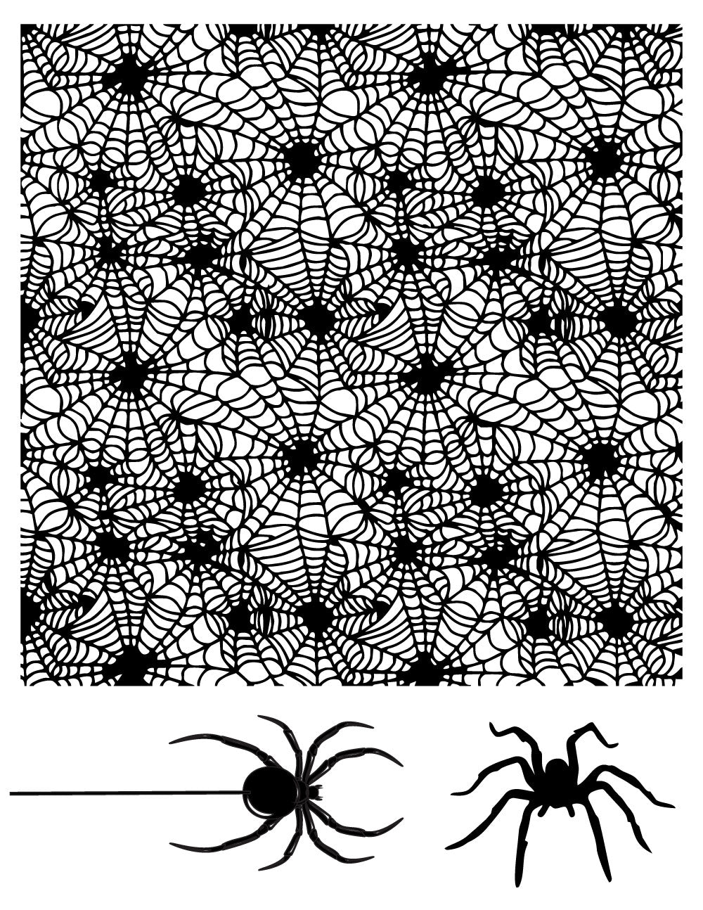 Spiderweb and spider silk screen stencil for glass screen printing, showing repeating web and coordinating spider designs