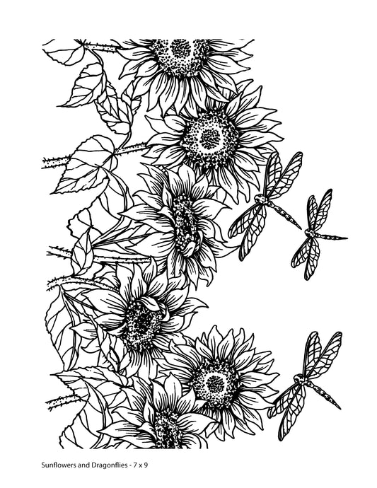Hand-drawn sunflower and dragonfly screen print by Mark Hufford for fused glass and enamel painting β 7x9 design