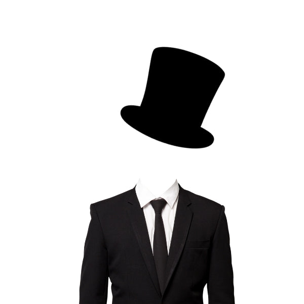 A headless figure dressed in a black suit and tie with a crisp white shirt, wearing a floating Oceanside coe 96 Precut Glass black top hat, set against a plain white background.