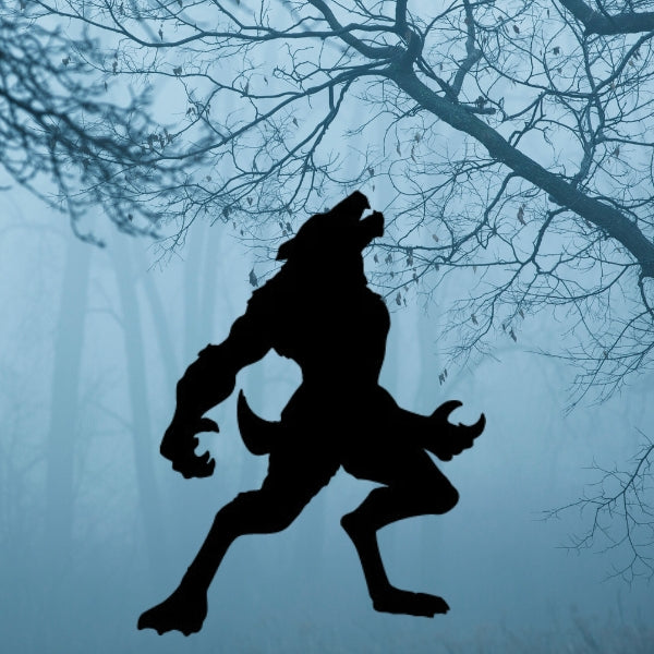 Oceanside COE 96 Glass Precut Silhouette of a large werewolf howling in a misty, orange-tinted forest while a person stands in the distance on a leaf-covered path.