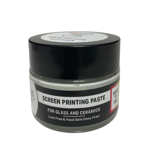 Jar of Zirconia White screen printing paste showing bright, creamy white color and smooth consistency