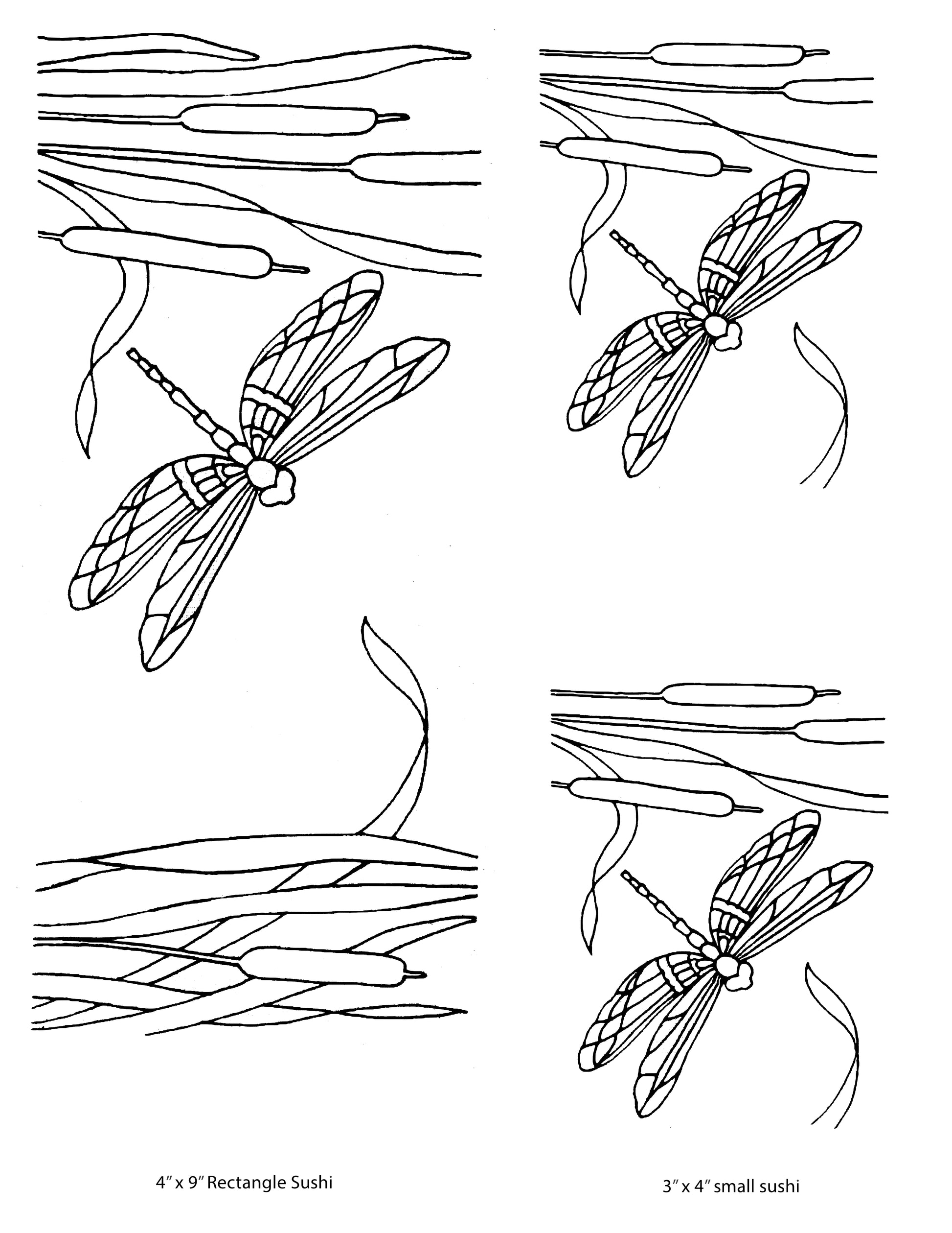 Dragonfly & Cattails Sushi screen print by Mark Hufford – botanical fused glass design sized for 4x9 and 3x4 sushi molds