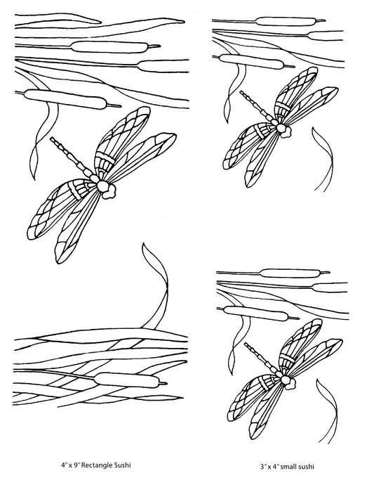 Dragonfly & Cattails Sushi screen print by Mark Hufford β botanical fused glass design sized for 4x9 and 3x4 sushi molds