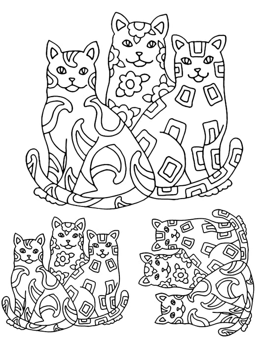 Cat Trio screen print by Mark Hufford β three stylized cats with patterns for fused glass, enamel art, and crafts (8.5x11)