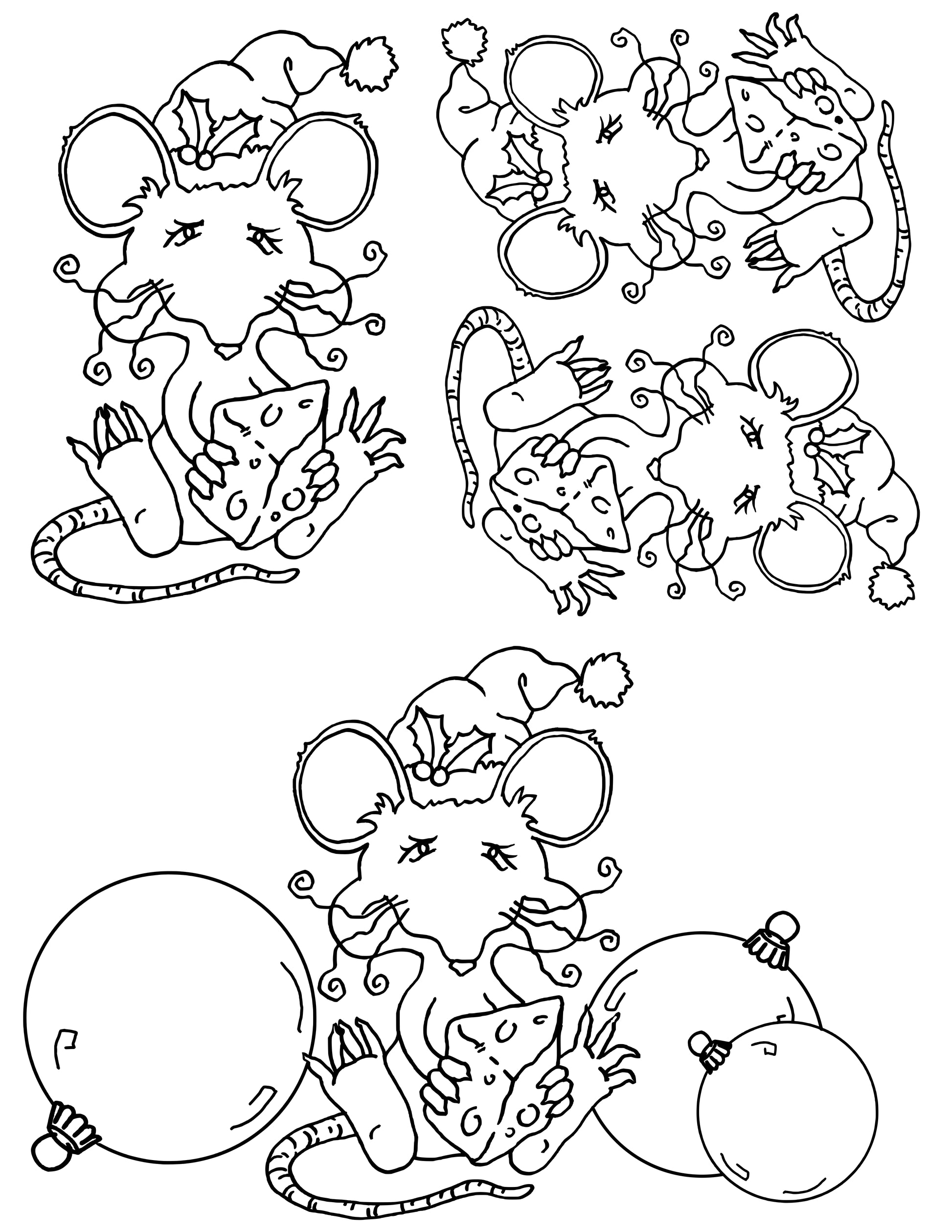 Holiday Mice screen print by Mark Hufford – whimsical hand-drawn Christmas mice with cheese and ornaments for fused glass and enamel painting (8.5x11)