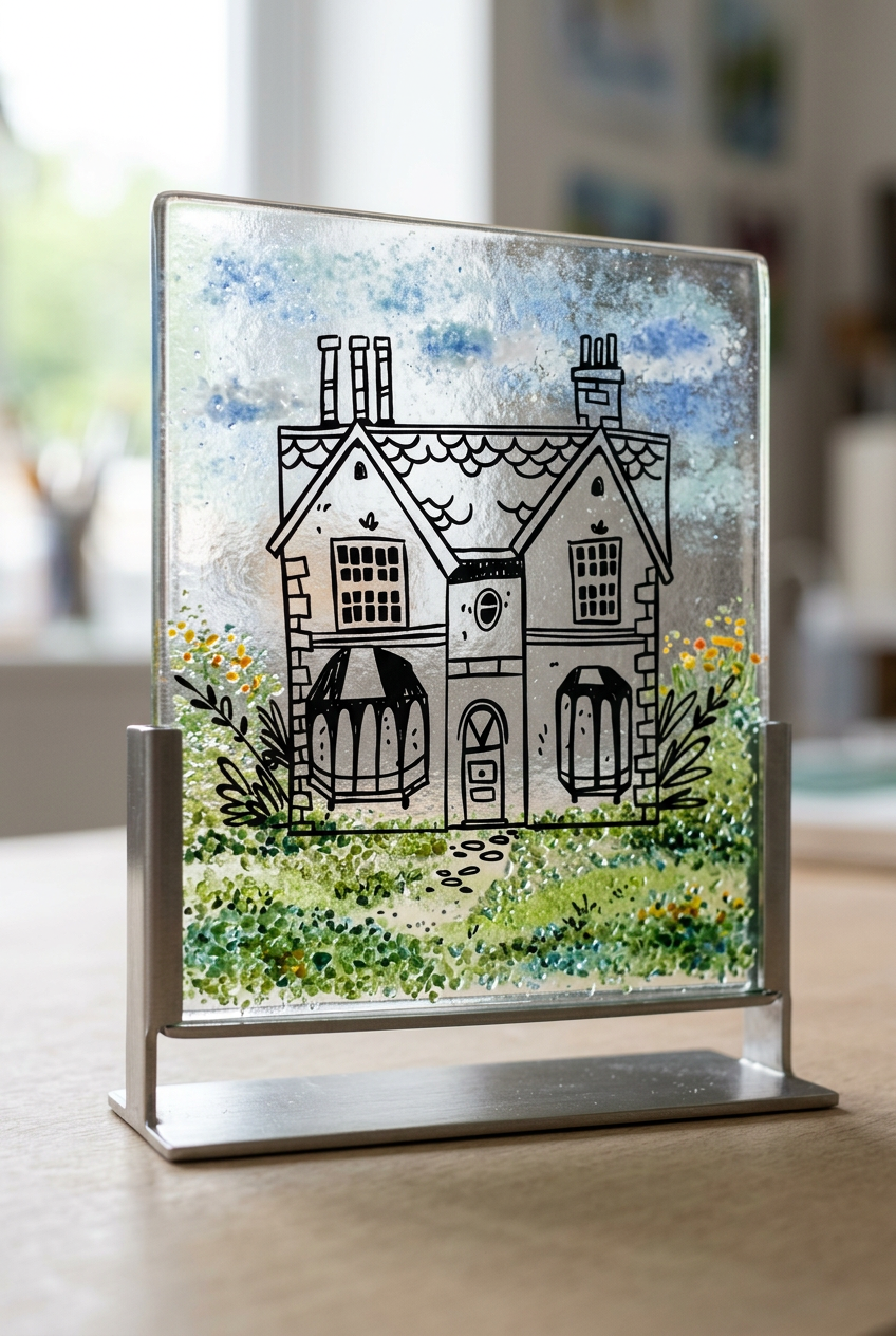 Screen-printed cottage design in black on a handmade fused glass art panel with a blue sky, green garden and yellow flowers, displayed in a silver metal stand.