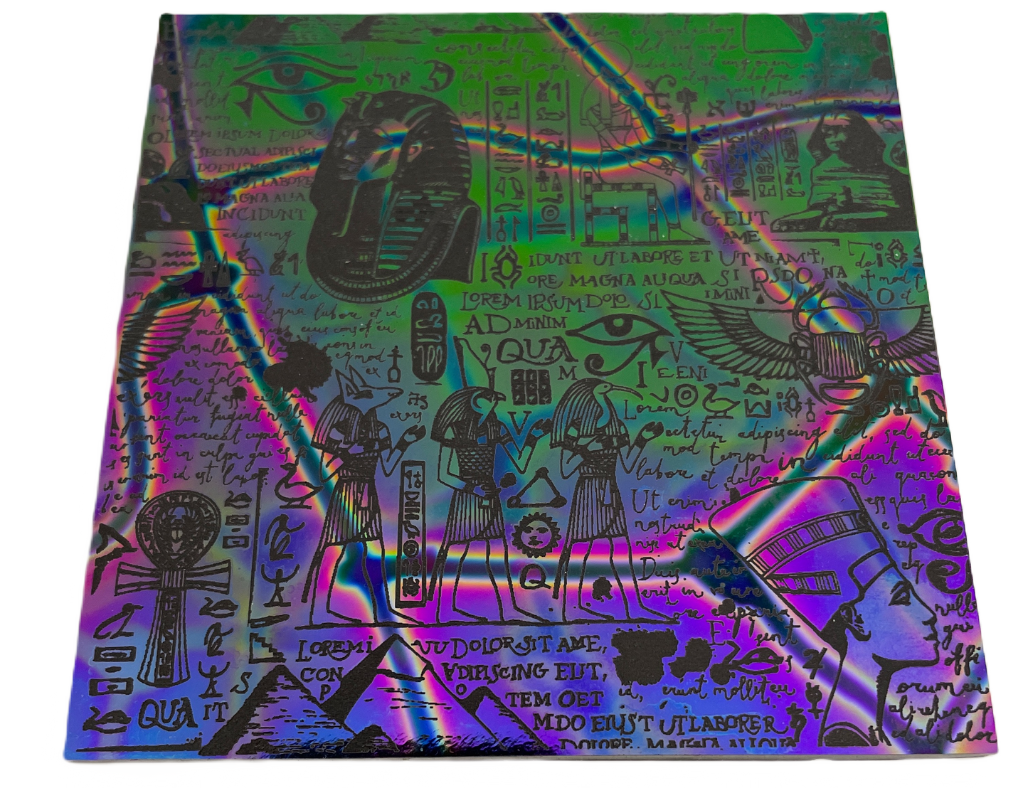 egyptian symbols etched into dichroic glass