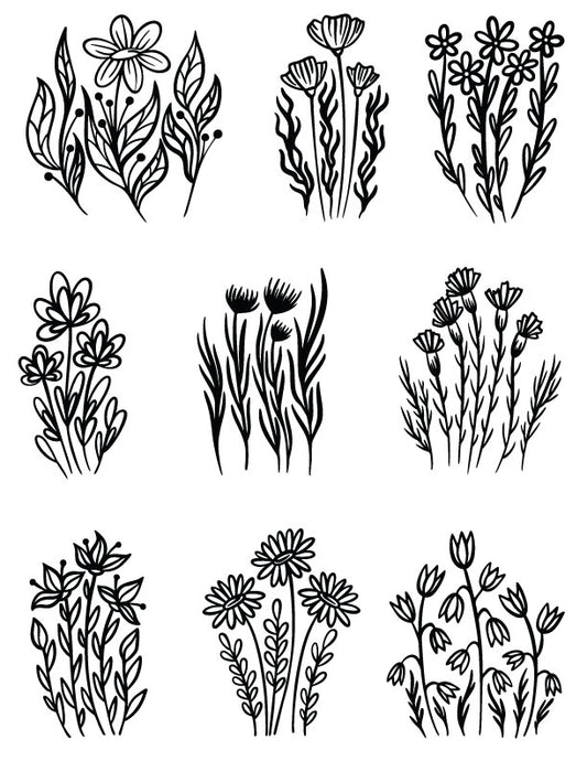 Reusable wildflower stencil featuring 9 mini hand-drawn floral bundle designs. Ideal for screen printing, fused glass art, print making designs, and aesthetic DIY crafts.