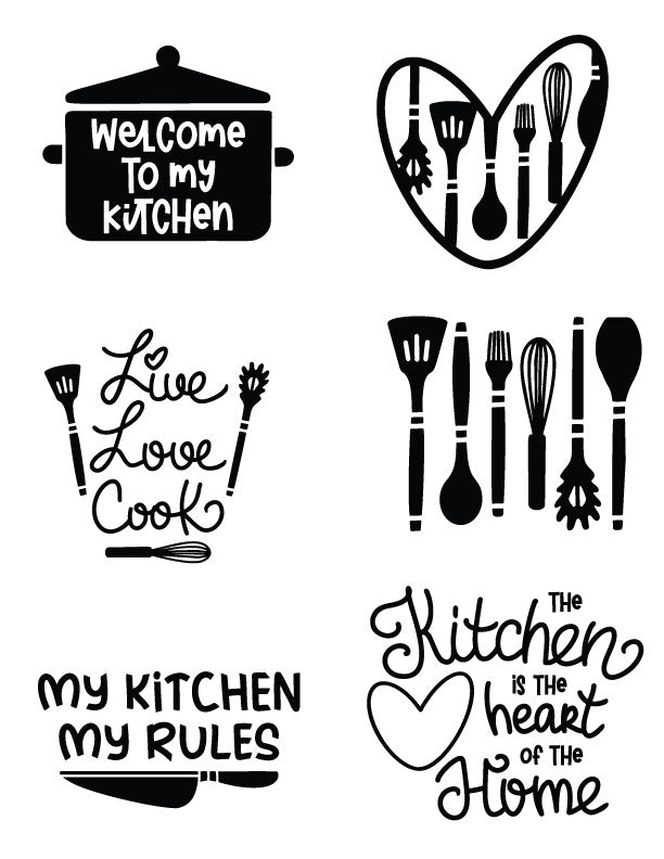 Silk screen stencil featuring 6 kitchen-themed designs with humorous and heartwarming sayings for screen printing, stencil art, DIY crafts, and print making on glass and ceramics.