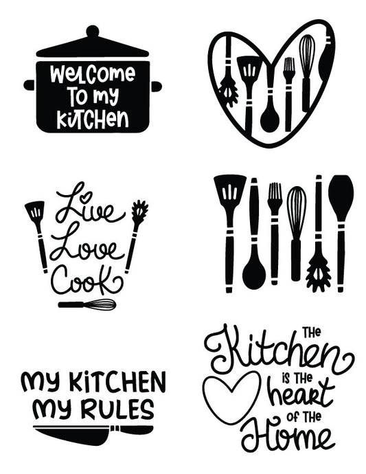 Silk screen stencil featuring 6 kitchen-themed designs with humorous and heartwarming sayings for screen printing, stencil art, DIY crafts, and print making on glass and ceramics.
