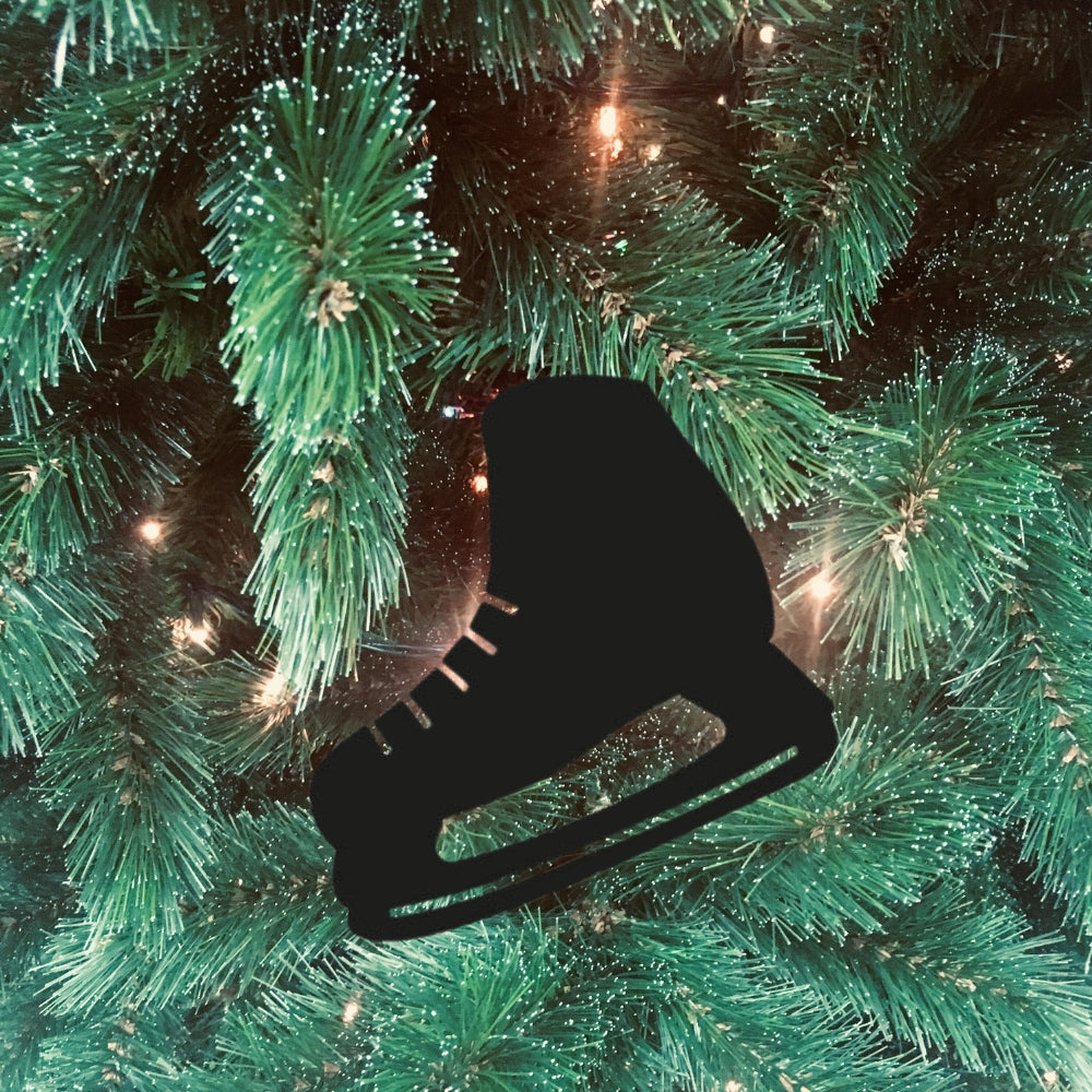 Hockey skate precut glass shape in black on a christmas tree.