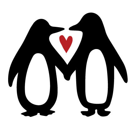 Precut glass shape of penguins in love holding fins with a red heart between them