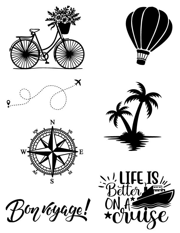 Travel Adventures silk screen stencil with 8 vacation-themed designs including a bicycle, palm trees, hot air balloon, compass rose, and cruise quotes.