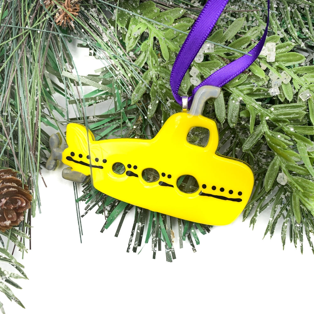 Skipper the Submarine – fused glass yellow submarine ornament with ribbon, perfect for nautical-themed holiday decor