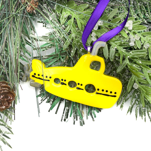 Skipper the Submarine – fused glass yellow submarine ornament with ribbon, perfect for nautical-themed holiday decor