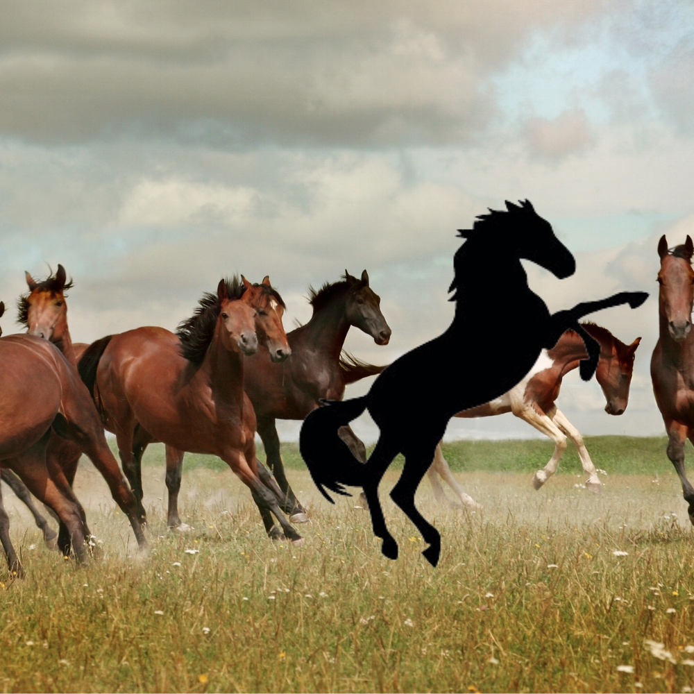 Precut glass shape of a horse in a field.