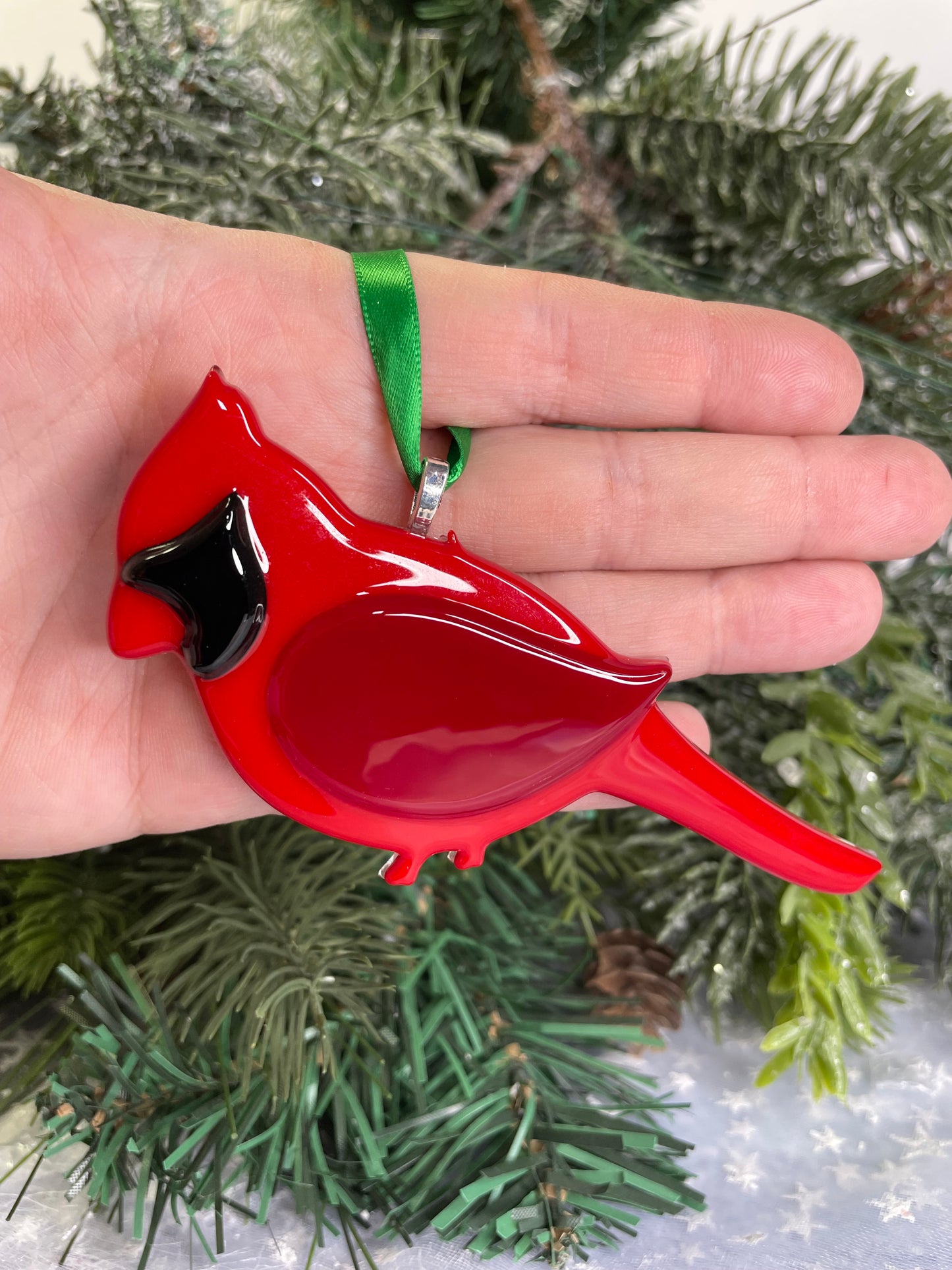 Fused glass cardinal christmas ornament