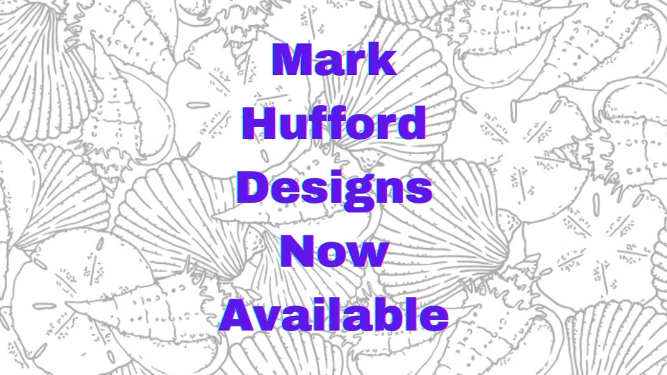 Promotional banner with seashell line art background and bold purple text reading 'Mark Hufford Designs Now Available,' announcing the release of his screen printing designs for fused glass and ceramics.