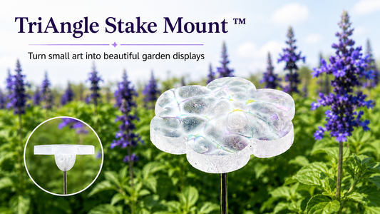 Fused glass flower garden stake displayed with a TriAngle Stake Mount, showing how small art can be turned into outdoor garden décor.