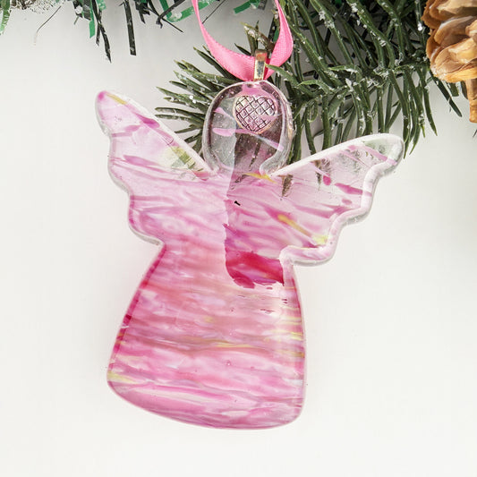 Pink fused glass angel Christmas ornament handmade with rare pink glass and a marbled pink-and-clear design.