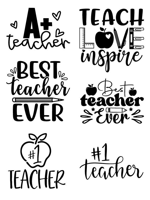 “Six teacher-themed fused glass screen print stencil designs on one sheet, each sized around 3.5 inches. Includes A+ Teacher, Teach Love Inspire, two Best Teacher Ever designs, and two #1 Teacher designs with apples, hearts, pencils, and hand-lettered style. Ideal for small fused glass projects, coasters, and DIY craft printing.
