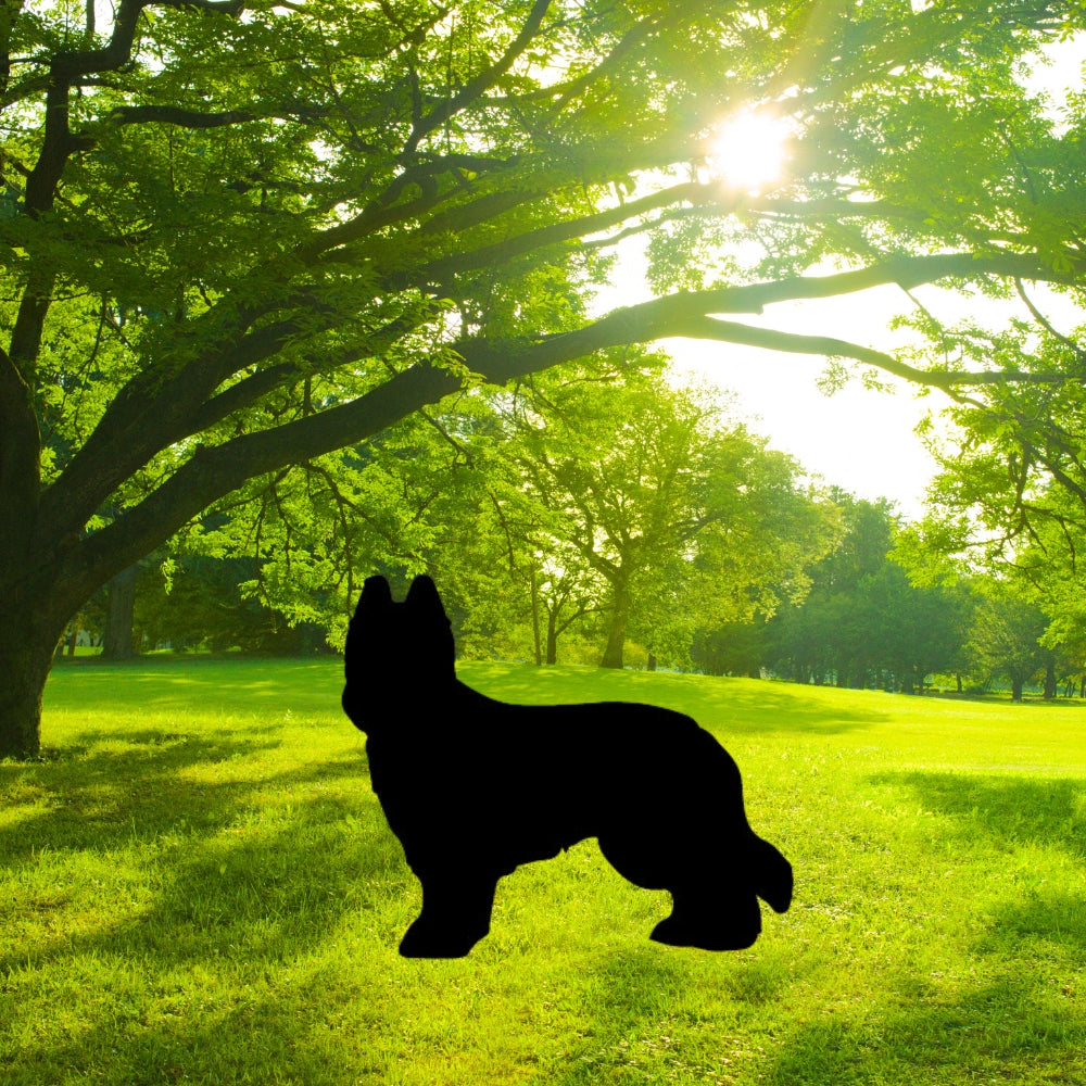 A black precut of a Briand dog made of Oceanside glass in a park like setting.