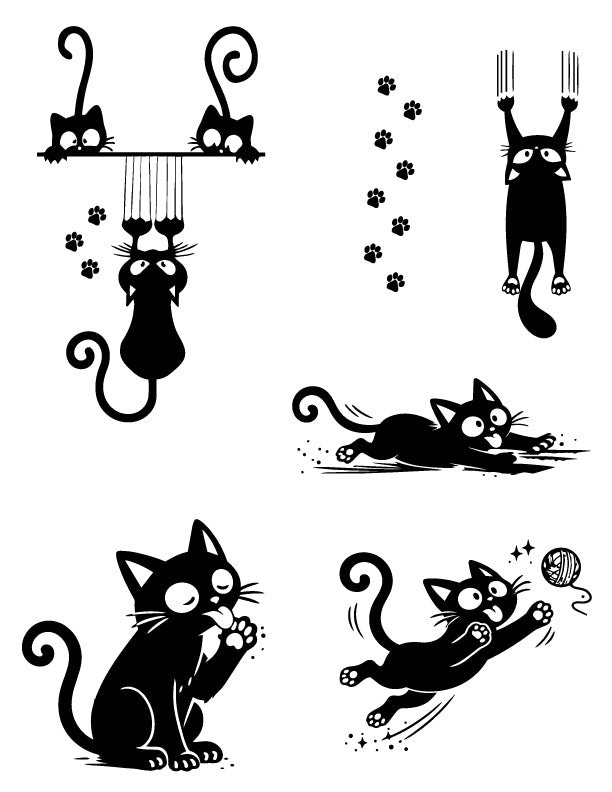 Playful black cat silk screen stencil set featuring whimsical cat artwork and paw prints for fused glass and ceramic projects