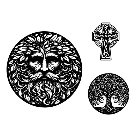 Celtic symbols of a greenman, cross and tree of life screen print designs