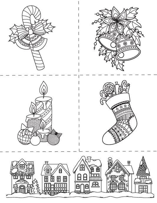 Christmas-themed silkscreen for fused glass with 5 designs: bells, candy cane, stocking, candles, and snowy houses