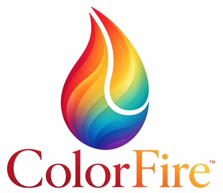 ColorFire Glass Enamel Paste logo for fused glass screen printing paste compatible with COE 90, COE 96, float glass, and ceramics.