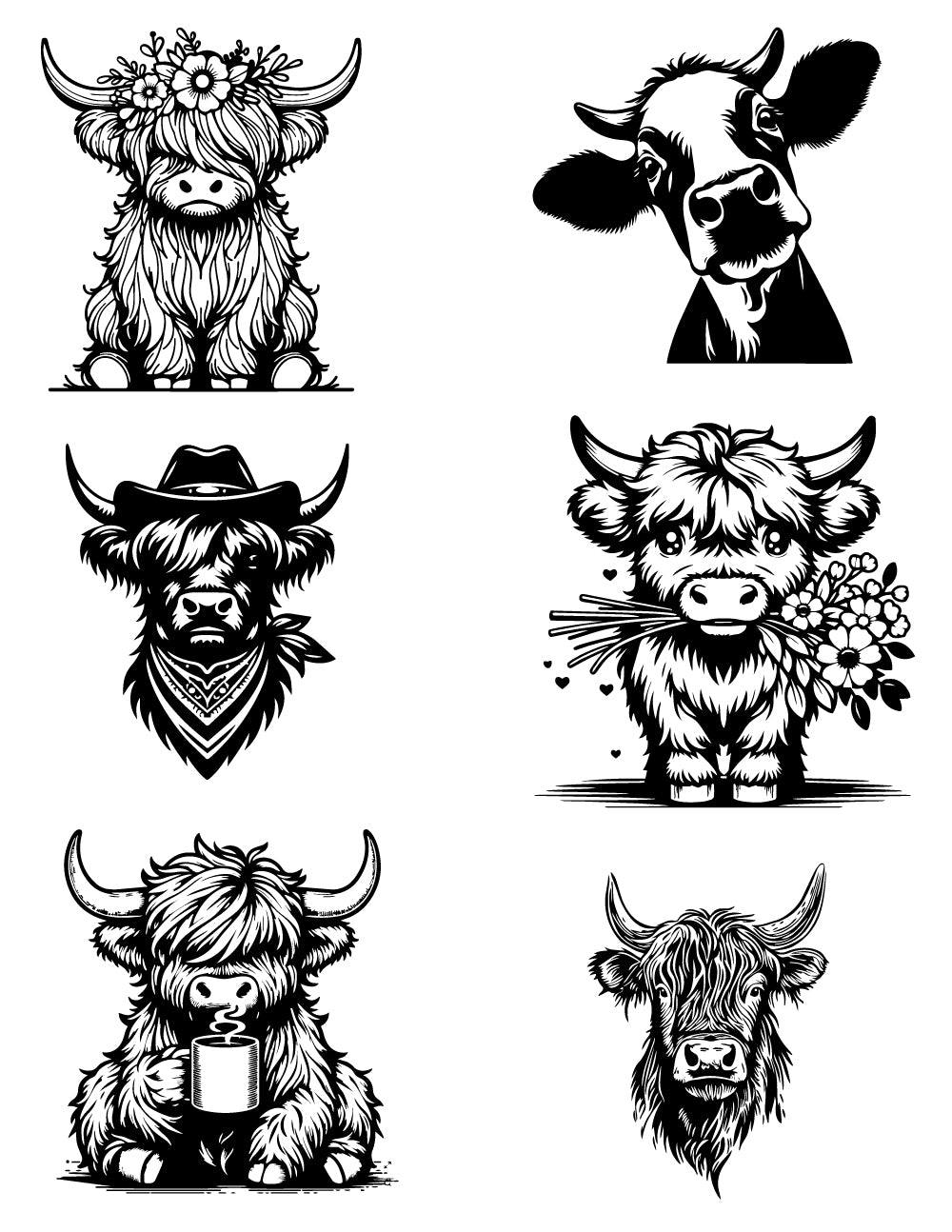 Highland cow and farm animal silk screen stencil set featuring cute cow artwork for fused glass and ceramic projects