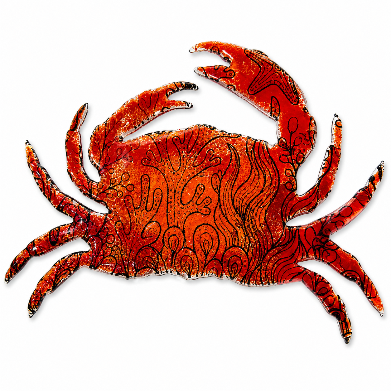 Colorful fused glass crab featuring an underwater reef silk screen pattern with coral, seaweed and starfish details in orange and red on a white background.