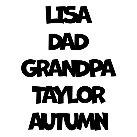 Custom fused glass name or word cut from a single piece of COE 96 glass in black, white, or clear. Overlapping letter design for frit-filled art.