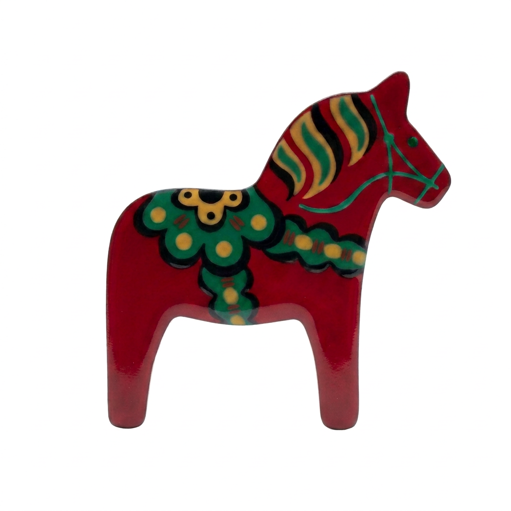 A traditional Swedish Dala horse figurine in glossy red, decorated with green, yellow, and black patterns, isolated on a white background.